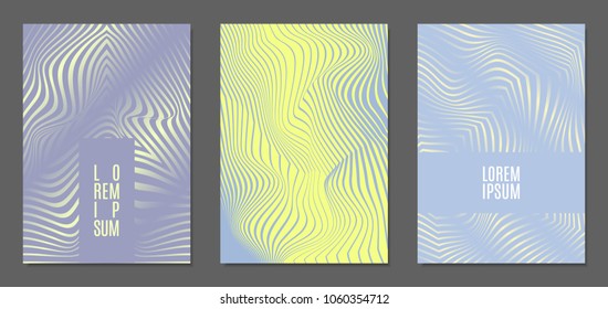 Cover Design Templates Set with Wavy Stripes in Modern Style. Abstract Backgrounds with Distortion of Geometric Shapes. Trendy Covers with Text and Gradient for Brochure, Magazine, Presentation, Book