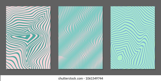 Cover Design Templates Set with Wavy Stripes in Modern Style. Abstract Backgrounds with Distortion of Geometric Shapes. Trendy Covers with Text and Gradient for Brochure, Magazine, Presentation, Book