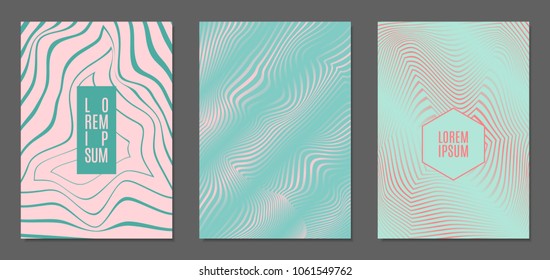 Cover Design Templates Set with Wavy Stripes in Modern Style. Abstract Backgrounds with Distortion of Geometric Shapes. Trendy Covers with Text and Gradient for Brochure, Magazine, Presentation, Book