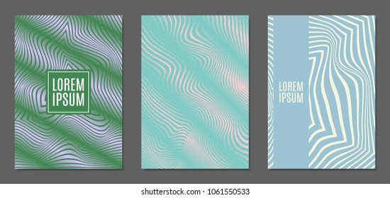 Cover Design Templates Set with Wavy Stripes in Modern Style. Abstract Backgrounds with Distortion of Geometric Shapes. Trendy Covers with Text and Gradient for Brochure, Magazine, Presentation, Book