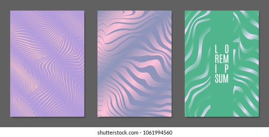 Cover Design Templates Set with Wavy Stripes in Modern Style. Abstract Backgrounds with Distortion of Geometric Shapes. Trendy Covers with Text and Gradient for Brochure, Magazine, Presentation, Book