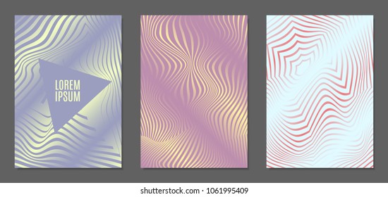 Cover Design Templates Set with Wavy Stripes in Modern Style. Abstract Backgrounds with Distortion of Geometric Shapes. Trendy Covers with Text and Gradient for Brochure, Magazine, Presentation, Book