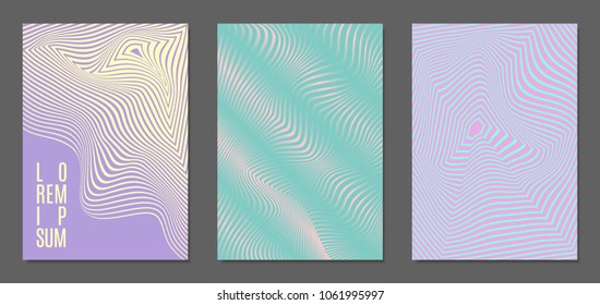 Cover Design Templates Set with Wavy Stripes in Modern Style. Abstract Backgrounds with Distortion of Geometric Shapes. Trendy Covers with Text and Gradient for Brochure, Magazine, Presentation, Book