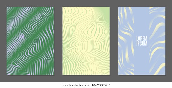 Cover Design Templates Set with Wavy Stripes in Modern Style. Abstract Backgrounds with Distortion of Geometric Shapes. Trendy Covers with Text and Gradient for Brochure, Magazine, Presentation, Book