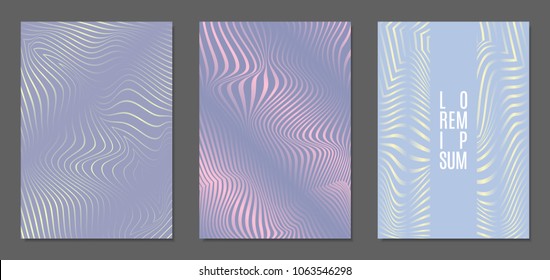 Cover Design Templates Set with Wavy Stripes in Modern Style. Abstract Backgrounds with Distortion of Geometric Shapes. Trendy Covers with Text and Gradient for Brochure, Magazine, Presentation, Book