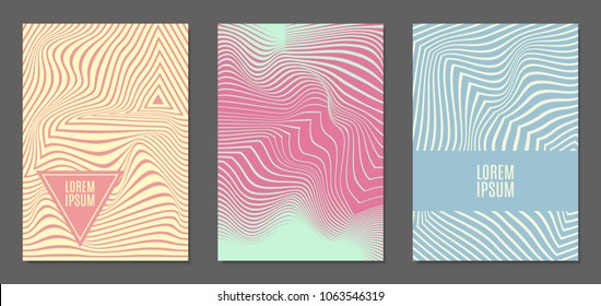 Cover Design Templates Set with Wavy Stripes in Modern Style. Abstract Backgrounds with Distortion of Geometric Shapes. Trendy Covers with Text and Gradient for Brochure, Magazine, Presentation, Book