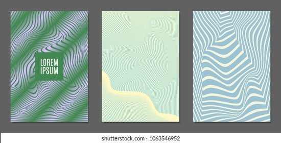 Cover Design Templates Set with Wavy Stripes in Modern Style. Abstract Backgrounds with Distortion of Geometric Shapes. Trendy Covers with Text and Gradient for Brochure, Magazine, Presentation, Book