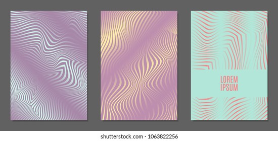 Cover Design Templates Set with Wavy Stripes in Modern Style. Abstract Backgrounds with Distortion of Geometric Shapes. Trendy Covers with Text and Gradient for Brochure, Magazine, Presentation, Book