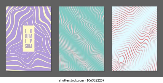 Cover Design Templates Set with Wavy Stripes in Modern Style. Abstract Backgrounds with Distortion of Geometric Shapes. Trendy Covers with Text and Gradient for Brochure, Magazine, Presentation, Book