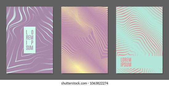 Cover Design Templates Set with Wavy Stripes in Modern Style. Abstract Backgrounds with Distortion of Geometric Shapes. Trendy Covers with Text and Gradient for Brochure, Magazine, Presentation, Book