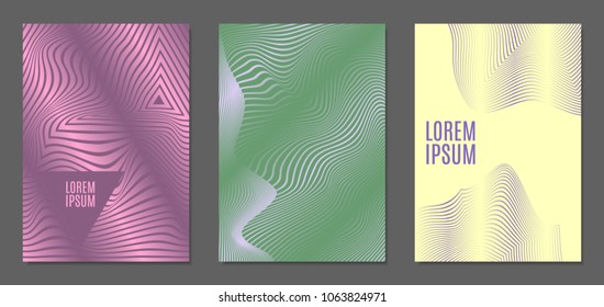 Cover Design Templates Set with Wavy Stripes in Modern Style. Abstract Backgrounds with Distortion of Geometric Shapes. Trendy Covers with Text and Gradient for Brochure, Magazine, Presentation, Book
