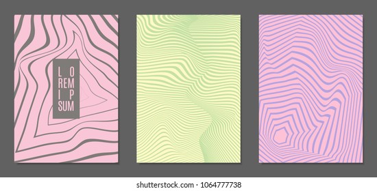 Cover Design Templates Set with Wavy Stripes in Modern Style. Abstract Backgrounds with Distortion of Geometric Shapes. Trendy Covers with Text and Gradient for Brochure, Magazine, Presentation, Book