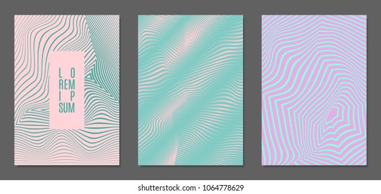 Cover Design Templates Set with Wavy Stripes in Modern Style. Abstract Backgrounds with Distortion of Geometric Shapes. Trendy Covers with Text and Gradient for Brochure, Magazine, Presentation, Book