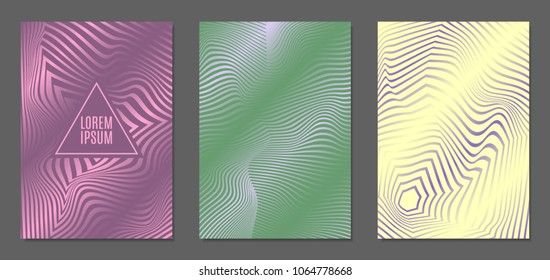 Cover Design Templates Set with Wavy Stripes in Modern Style. Abstract Backgrounds with Distortion of Geometric Shapes. Trendy Covers with Text and Gradient for Brochure, Magazine, Presentation, Book