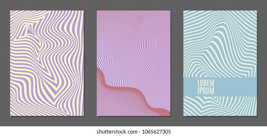 Cover Design Templates Set with Wavy Stripes in Modern Style. Abstract Backgrounds with Distortion of Geometric Shapes. Trendy Covers with Text and Gradient for Brochure, Magazine, Presentation, Book