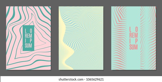 Cover Design Templates Set with Wavy Stripes in Modern Style. Abstract Backgrounds with Distortion of Geometric Shapes. Trendy Covers with Text and Gradient for Brochure, Magazine, Presentation, Book