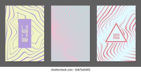 Cover Design Templates Set with Wavy Stripes in Modern Style. Abstract Backgrounds with Distortion of Geometric Shapes. Trendy Covers with Text and Gradient for Brochure, Magazine, Presentation, Book