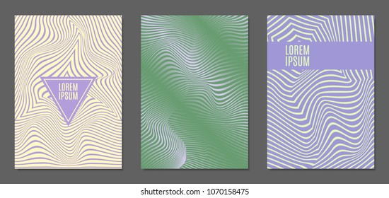 Cover Design Templates Set with Wavy Stripes in Modern Style. Abstract Backgrounds with Distortion of Geometric Shapes. Trendy Covers with Text and Gradient for Brochure, Magazine, Presentation, Book