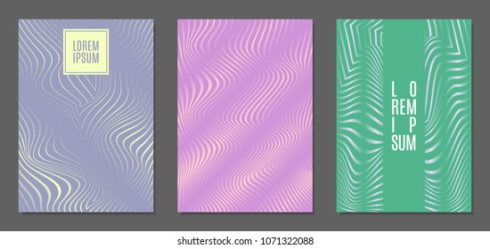 Cover Design Templates Set with Wavy Stripes in Modern Style. Abstract Backgrounds with Distortion of Geometric Shapes. Trendy Covers with Text and Gradient for Brochure, Magazine, Presentation, Book