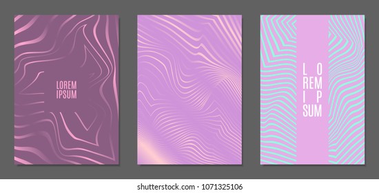 Cover Design Templates Set with Wavy Stripes in Modern Style. Abstract Backgrounds with Distortion of Geometric Shapes. Trendy Covers with Text and Gradient for Brochure, Magazine, Presentation, Book