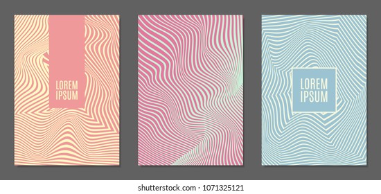 Cover Design Templates Set with Wavy Stripes in Modern Style. Abstract Backgrounds with Distortion of Geometric Shapes. Trendy Covers with Text and Gradient for Brochure, Magazine, Presentation, Book