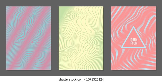 Cover Design Templates Set with Wavy Stripes in Modern Style. Abstract Backgrounds with Distortion of Geometric Shapes. Trendy Covers with Text and Gradient for Brochure, Magazine, Presentation, Book
