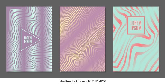Cover Design Templates Set with Wavy Stripes in Modern Style. Abstract Backgrounds with Distortion of Geometric Shapes. Trendy Covers with Text and Gradient for Brochure, Magazine, Presentation, Book