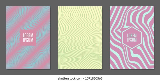 Cover Design Templates Set with Wavy Stripes in Modern Style. Abstract Backgrounds with Distortion of Geometric Shapes. Trendy Covers with Text and Gradient for Brochure, Magazine, Presentation, Book