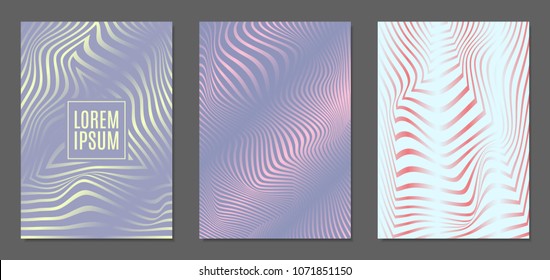 Cover Design Templates Set with Wavy Stripes in Modern Style. Abstract Backgrounds with Distortion of Geometric Shapes. Trendy Covers with Text and Gradient for Brochure, Magazine, Presentation, Book
