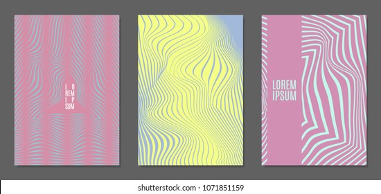 Cover Design Templates Set with Wavy Stripes in Modern Style. Abstract Backgrounds with Distortion of Geometric Shapes. Trendy Covers with Text and Gradient for Brochure, Magazine, Presentation, Book