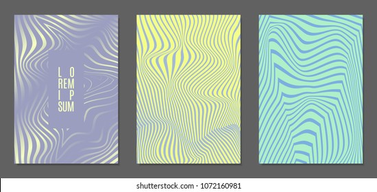 Cover Design Templates Set with Wavy Stripes in Modern Style. Abstract Backgrounds with Distortion of Geometric Shapes. Trendy Covers with Text and Gradient for Brochure, Magazine, Presentation, Book