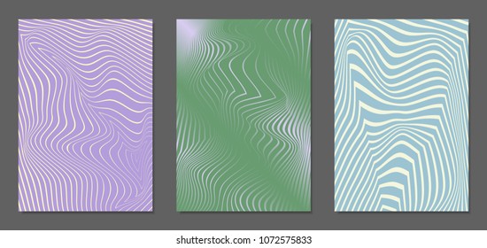 Cover Design Templates Set with Wavy Stripes in Modern Style. Abstract Backgrounds with Distortion of Geometric Shapes. Trendy Covers with Text and Gradient for Brochure, Magazine, Presentation, Book