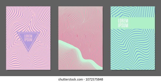 Cover Design Templates Set with Wavy Stripes in Modern Style. Abstract Backgrounds with Distortion of Geometric Shapes. Trendy Covers with Text and Gradient for Brochure, Magazine, Presentation, Book