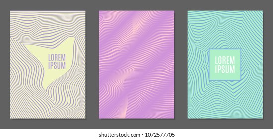 Cover Design Templates Set with Wavy Stripes in Modern Style. Abstract Backgrounds with Distortion of Geometric Shapes. Trendy Covers with Text and Gradient for Brochure, Magazine, Presentation, Book