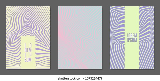 Cover Design Templates Set with Wavy Stripes in Modern Style. Abstract Backgrounds with Distortion of Geometric Shapes. Trendy Covers with Text and Gradient for Brochure, Magazine, Presentation, Book