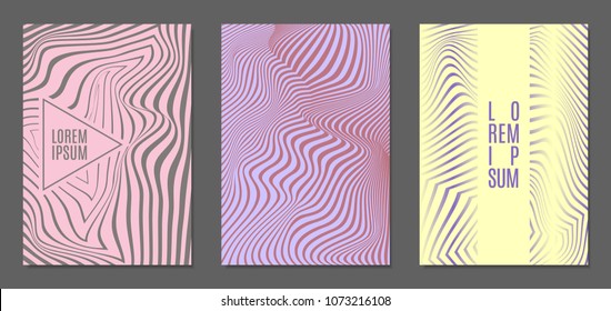 Cover Design Templates Set with Wavy Stripes in Modern Style. Abstract Backgrounds with Distortion of Geometric Shapes. Trendy Covers with Text and Gradient for Brochure, Magazine, Presentation, Book