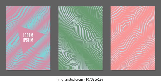 Cover Design Templates Set with Wavy Stripes in Modern Style. Abstract Backgrounds with Distortion of Geometric Shapes. Trendy Covers with Text and Gradient for Brochure, Magazine, Presentation, Book