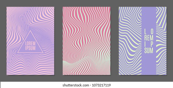 Cover Design Templates Set with Wavy Stripes in Modern Style. Abstract Backgrounds with Distortion of Geometric Shapes. Trendy Covers with Text and Gradient for Brochure, Magazine, Presentation, Book