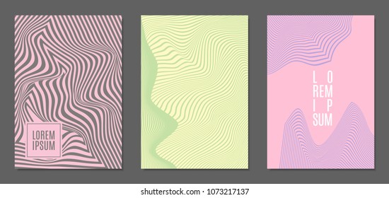 Cover Design Templates Set with Wavy Stripes in Modern Style. Abstract Backgrounds with Distortion of Geometric Shapes. Trendy Covers with Text and Gradient for Brochure, Magazine, Presentation, Book