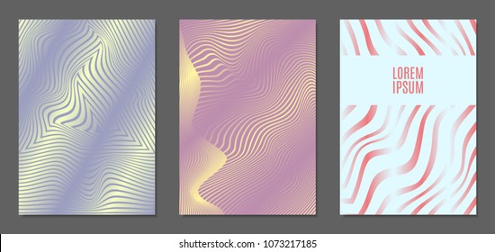 Cover Design Templates Set with Wavy Stripes in Modern Style. Abstract Backgrounds with Distortion of Geometric Shapes. Trendy Covers with Text and Gradient for Brochure, Magazine, Presentation, Book