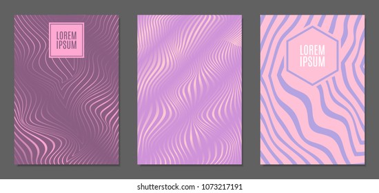 Cover Design Templates Set with Wavy Stripes in Modern Style. Abstract Backgrounds with Distortion of Geometric Shapes. Trendy Covers with Text and Gradient for Brochure, Magazine, Presentation, Book