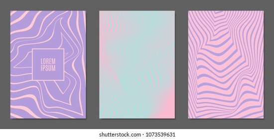 Cover Design Templates Set with Wavy Stripes in Modern Style. Abstract Backgrounds with Distortion of Geometric Shapes. Trendy Covers with Text and Gradient for Brochure, Magazine, Presentation, Book