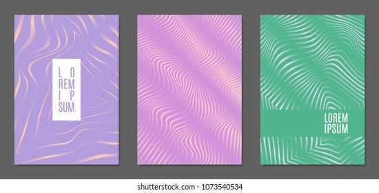 Cover Design Templates Set with Wavy Stripes in Modern Style. Abstract Backgrounds with Distortion of Geometric Shapes. Trendy Covers with Text and Gradient for Brochure, Magazine, Presentation, Book