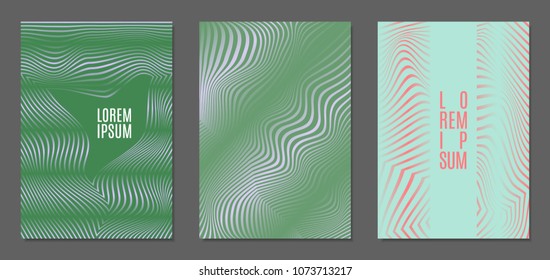 Cover Design Templates Set with Wavy Stripes in Modern Style. Abstract Backgrounds with Distortion of Geometric Shapes. Trendy Covers with Text and Gradient for Brochure, Magazine, Presentation, Book