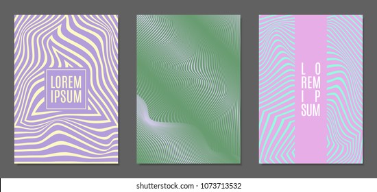 Cover Design Templates Set with Wavy Stripes in Modern Style. Abstract Backgrounds with Distortion of Geometric Shapes. Trendy Covers with Text and Gradient for Brochure, Magazine, Presentation, Book