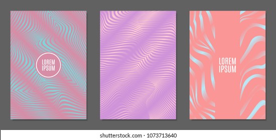 Cover Design Templates Set with Wavy Stripes in Modern Style. Abstract Backgrounds with Distortion of Geometric Shapes. Trendy Covers with Text and Gradient for Brochure, Magazine, Presentation, Book