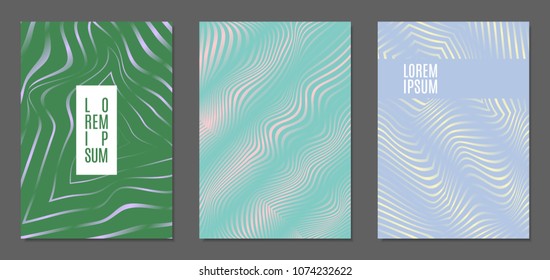 Cover Design Templates Set with Wavy Stripes in Modern Style. Abstract Backgrounds with Distortion of Geometric Shapes. Trendy Covers with Text and Gradient for Brochure, Magazine, Presentation, Book