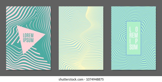 Cover Design Templates Set with Wavy Stripes in Modern Style. Abstract Backgrounds with Distortion of Geometric Shapes. Trendy Covers with Text and Gradient for Brochure, Magazine, Presentation, Book