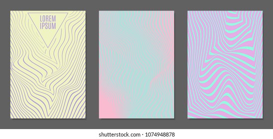 Cover Design Templates Set with Wavy Stripes in Modern Style. Abstract Backgrounds with Distortion of Geometric Shapes. Trendy Covers with Text and Gradient for Brochure, Magazine, Presentation, Book