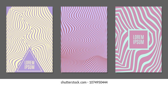 Cover Design Templates Set with Wavy Stripes in Modern Style. Abstract Backgrounds with Distortion of Geometric Shapes. Trendy Covers with Text and Gradient for Brochure, Magazine, Presentation, Book